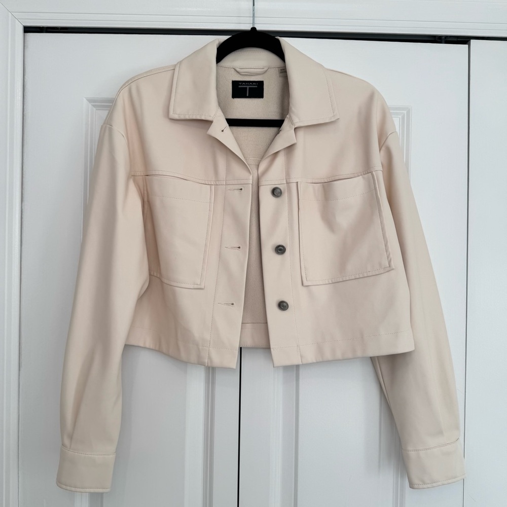 T Tahari Women's Beige Faux Leather Jacket - Medium